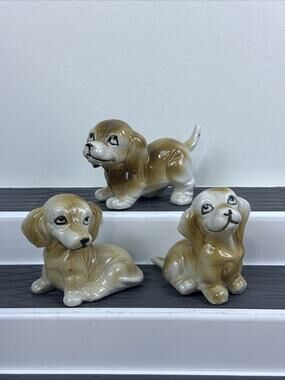 Set Of 3 Vintage Porcelain Beagle Pup Puppy Knick Knack Figurines Trinkets 2.5”